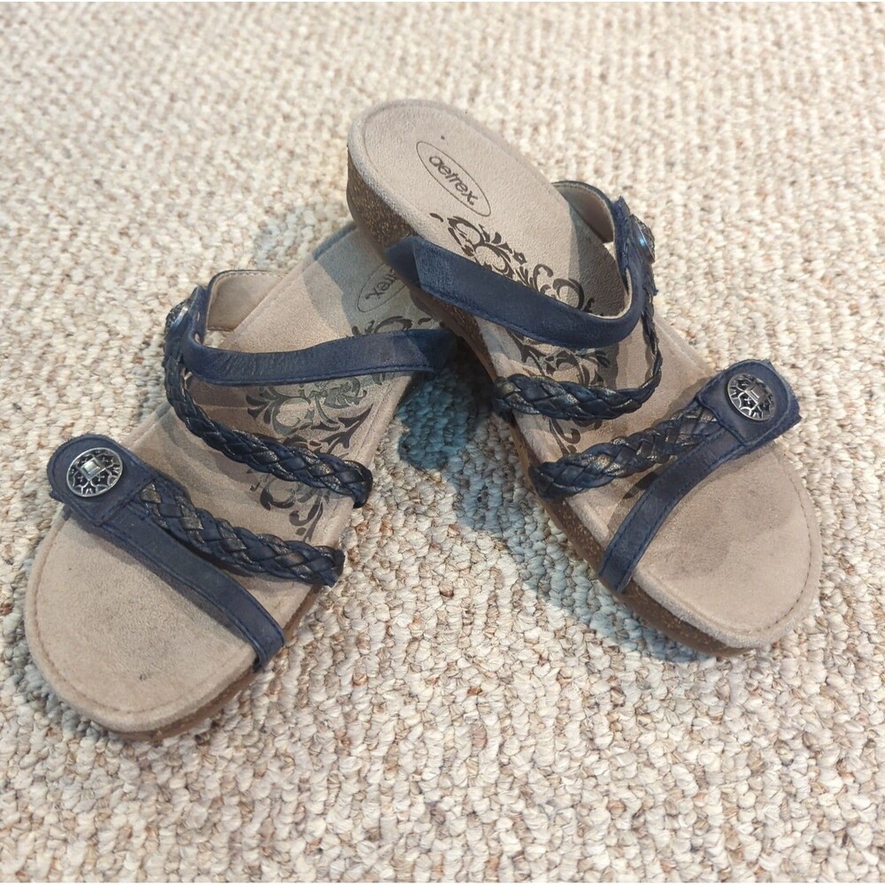 Aetrex Janey Braided Sandals Slide Womens 7.5 Blue Leather Comfort Strappy